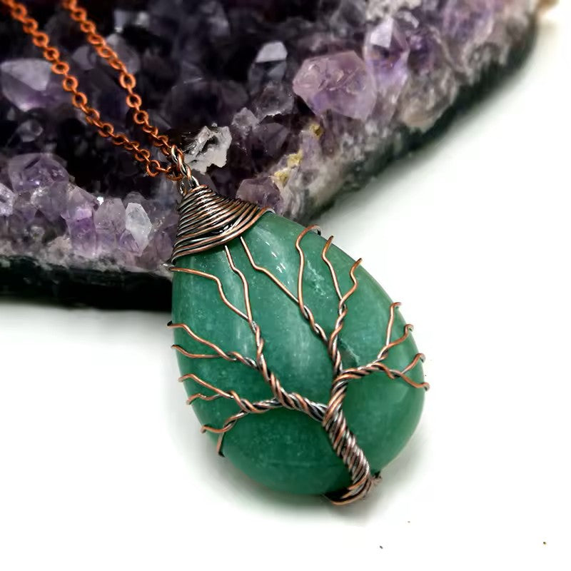 Tree of Life Copper Wire Wrapped Stone Charm Necklace