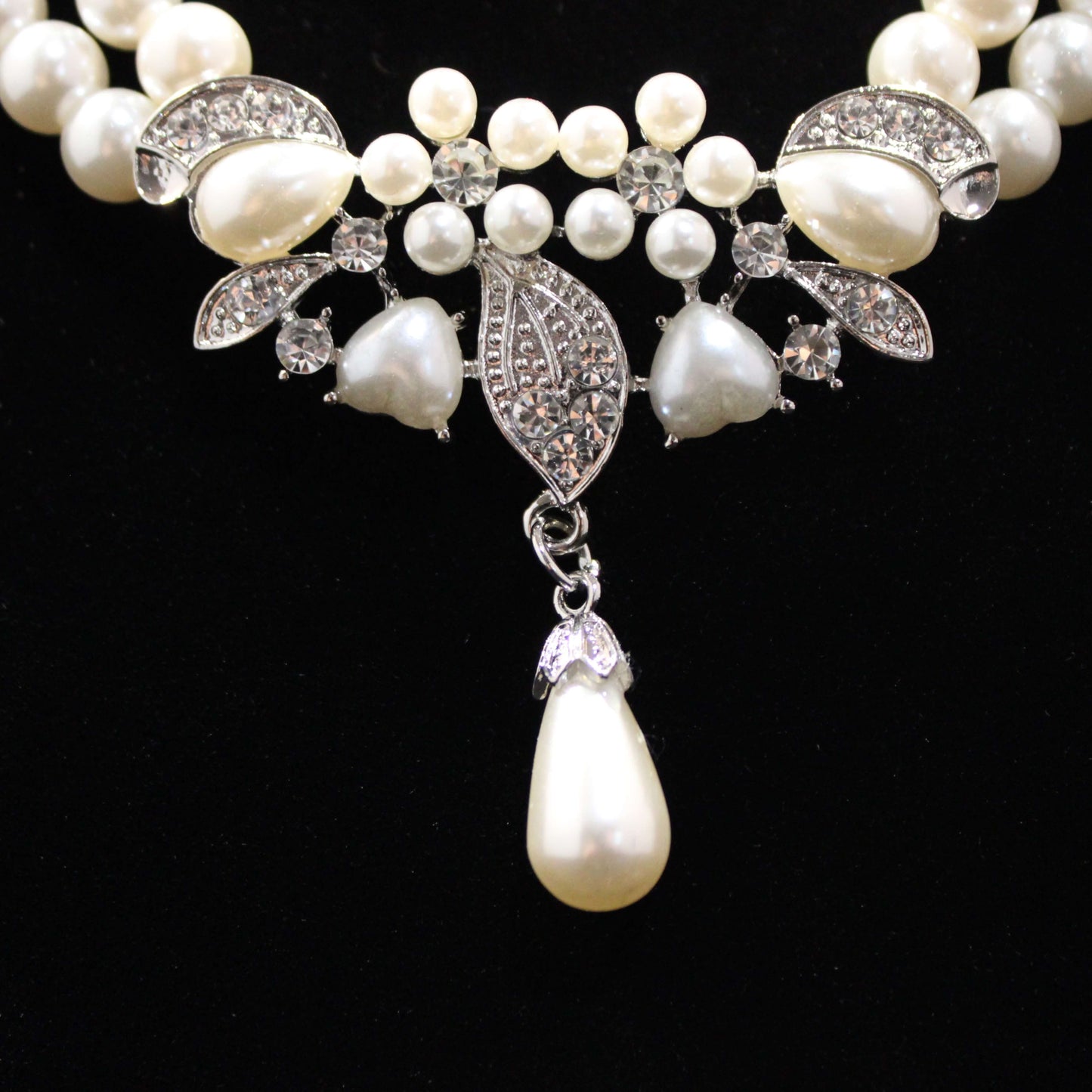 Margaret: Double Pearl with Leaf Accent Necklace and Earrings Set