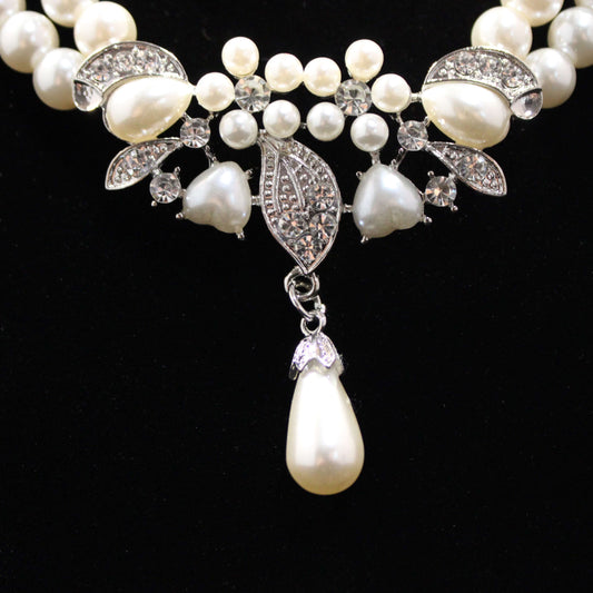 Margaret: Double Pearl with Leaf Accent Necklace and Earrings Set