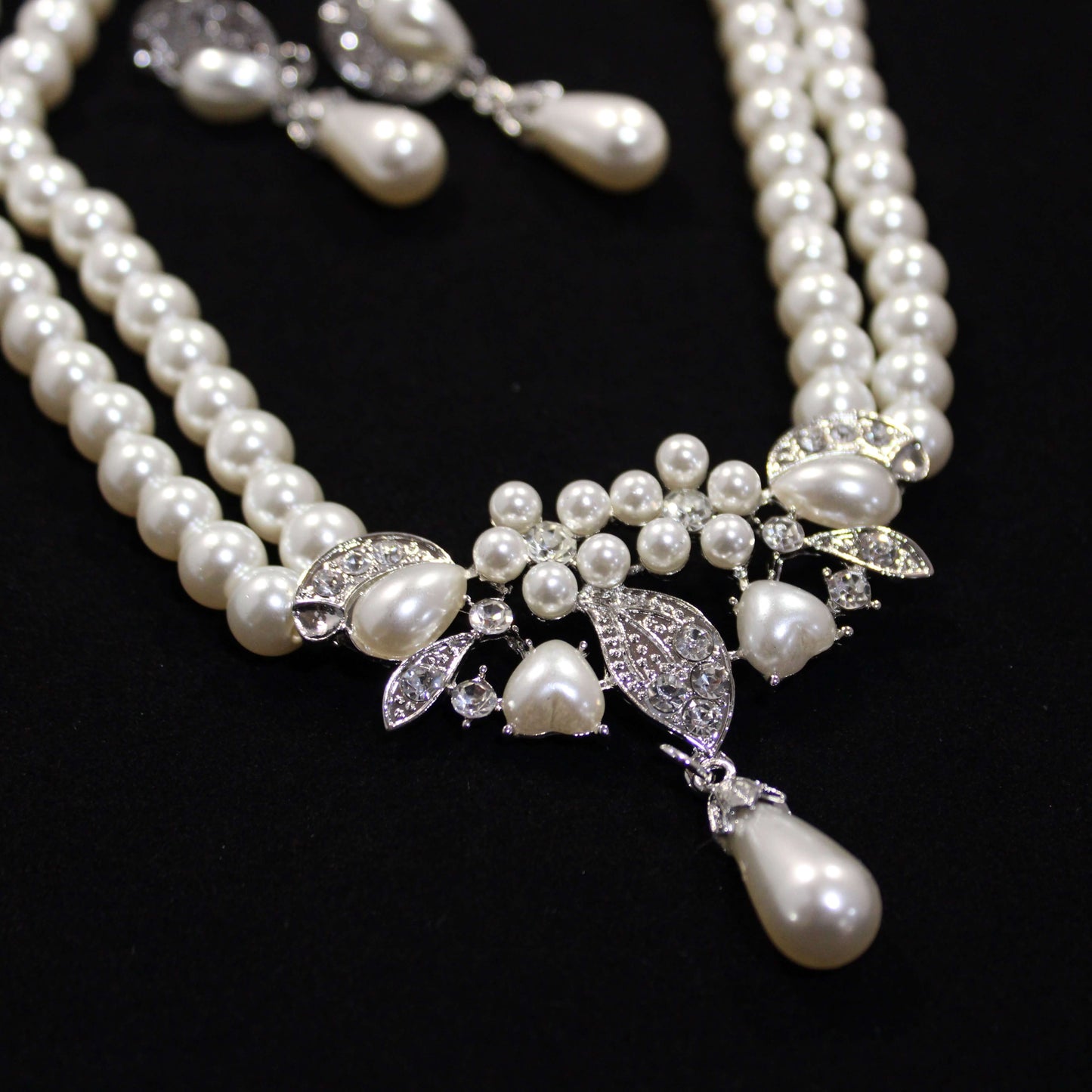 Margaret: Double Pearl with Leaf Accent Necklace and Earrings Set