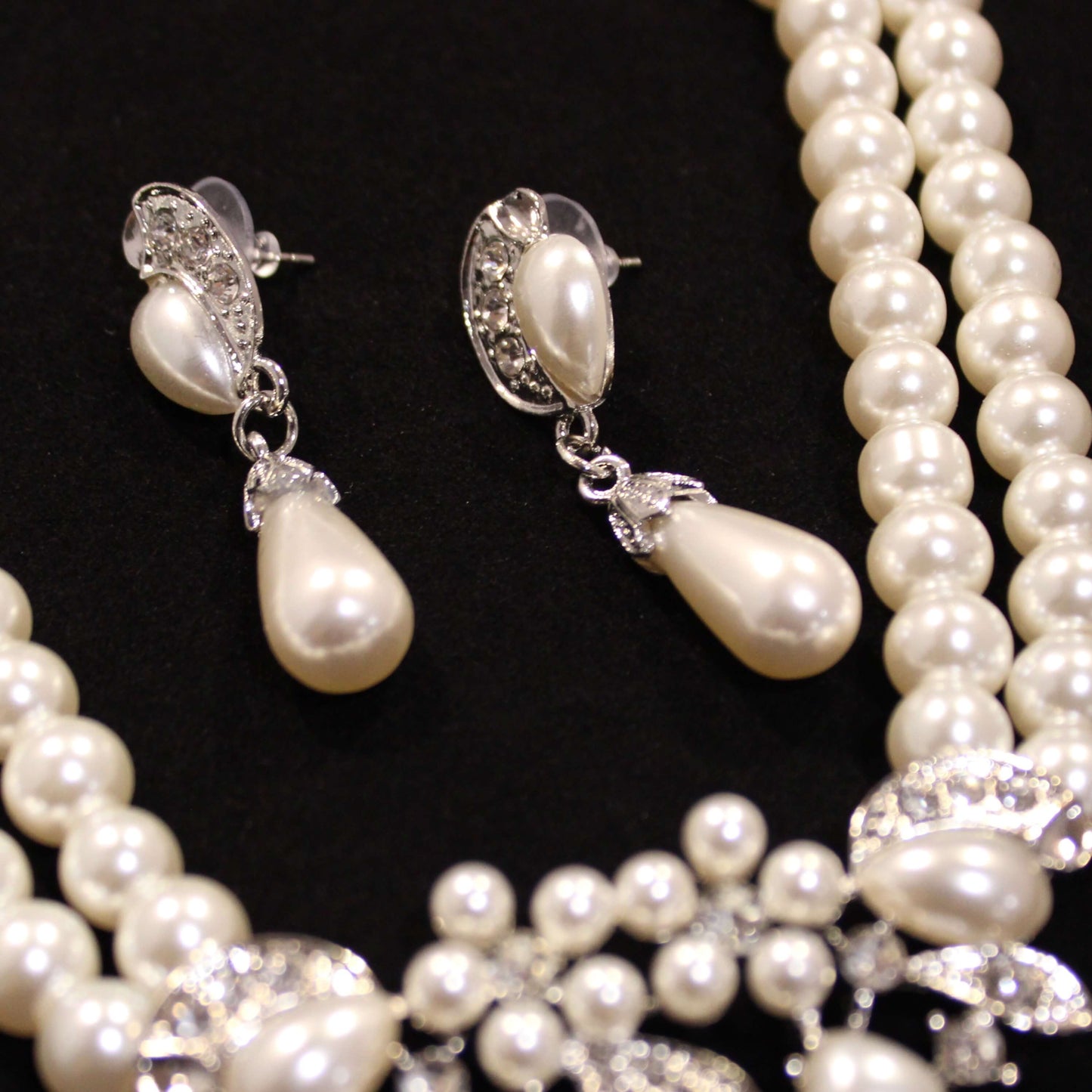 Margaret: Double Pearl with Leaf Accent Necklace and Earrings Set