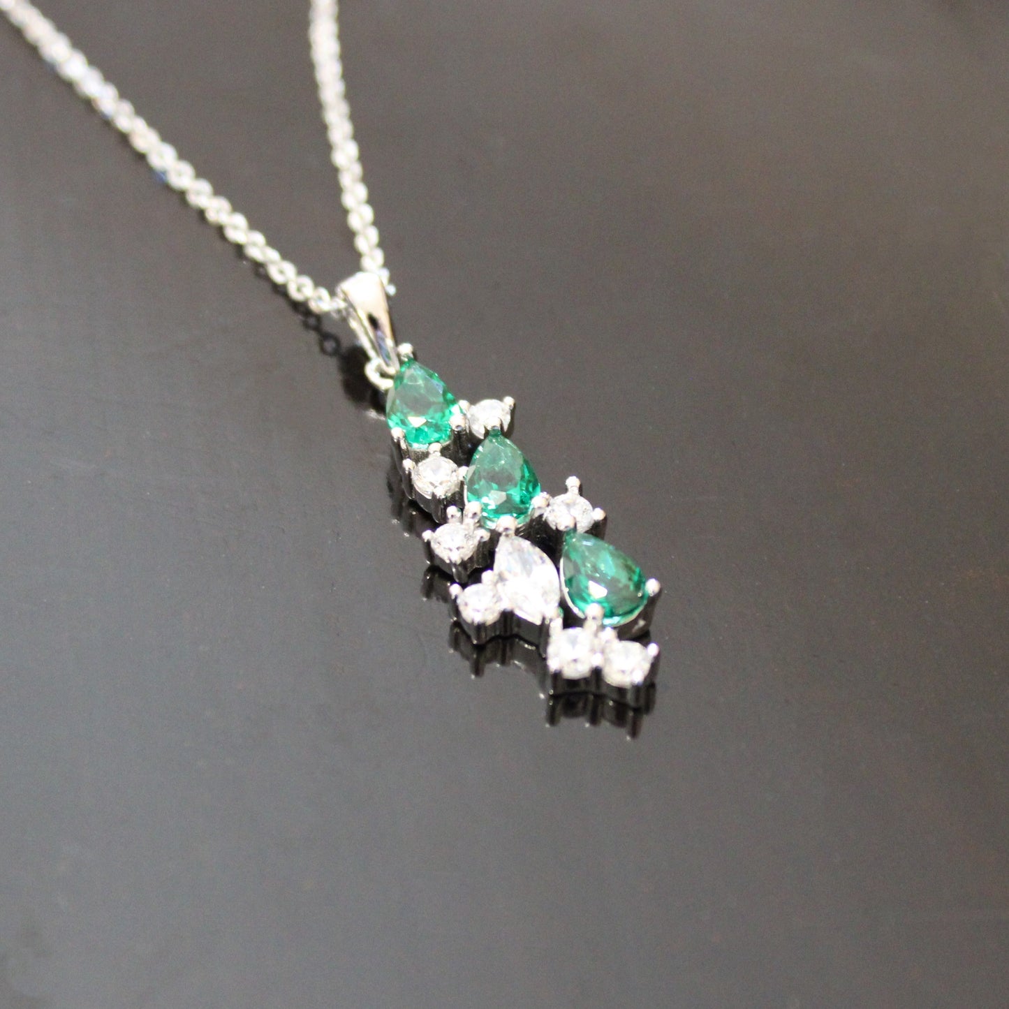 Wendy: Rhodium-plated .925 Sterling Emerald and Diamond Necklace