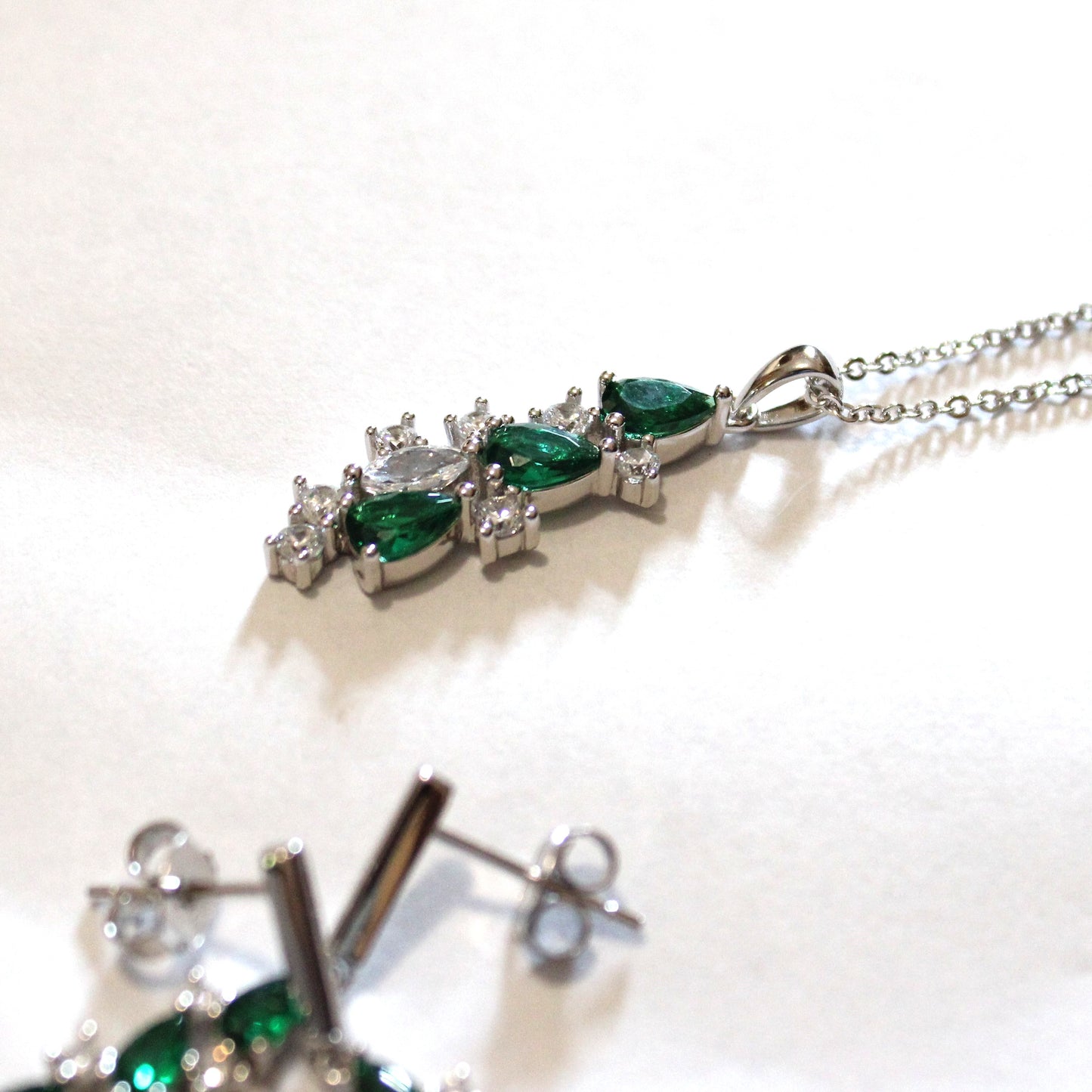 Wendy: Rhodium-plated .925 Sterling Emerald and Diamond Necklace