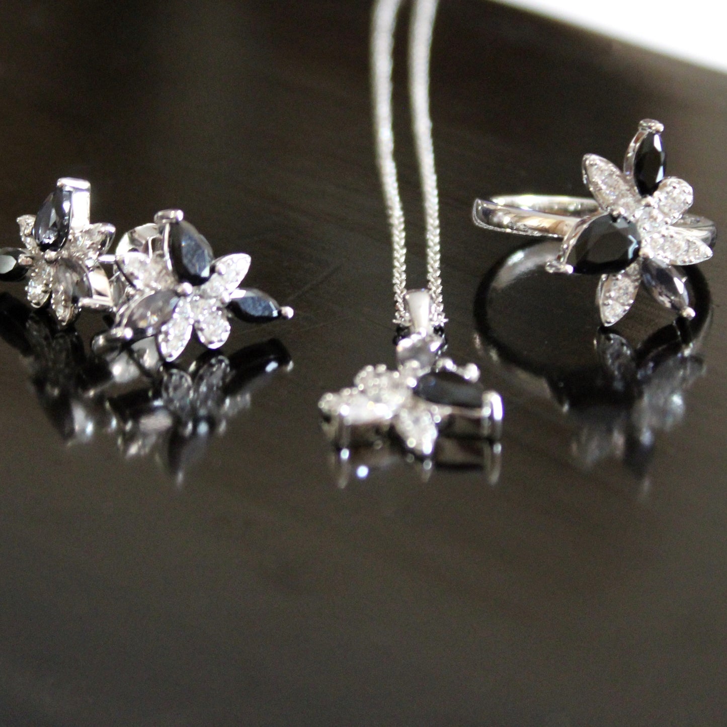 Sadie: Rhodium-plated .925 Sterling lab-created Sapphire and Smoky Quartz Earrings