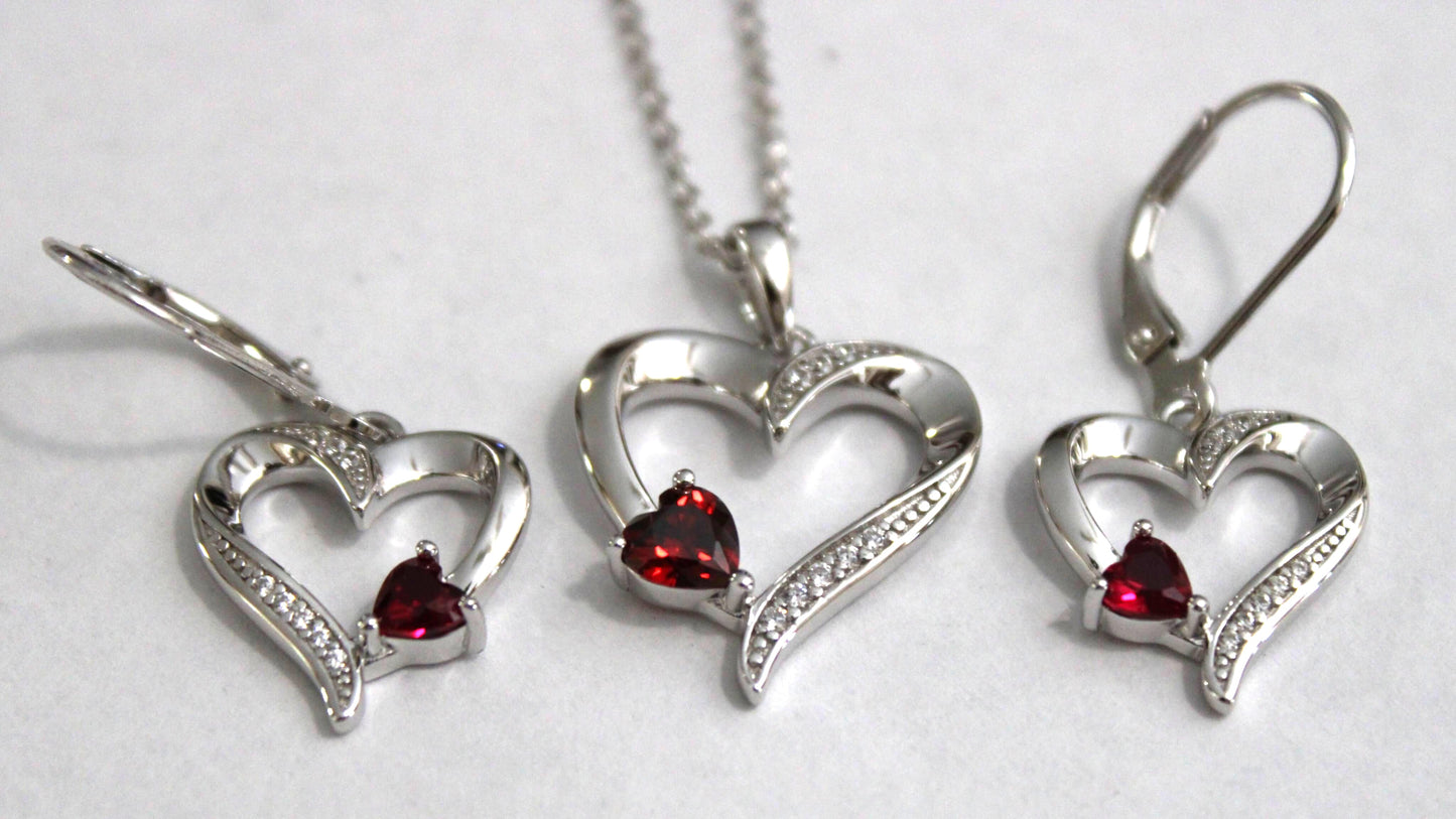 Sophia: Rhodium-plated .925 Sterling Silver Heart and lab-created Garnet Necklace
