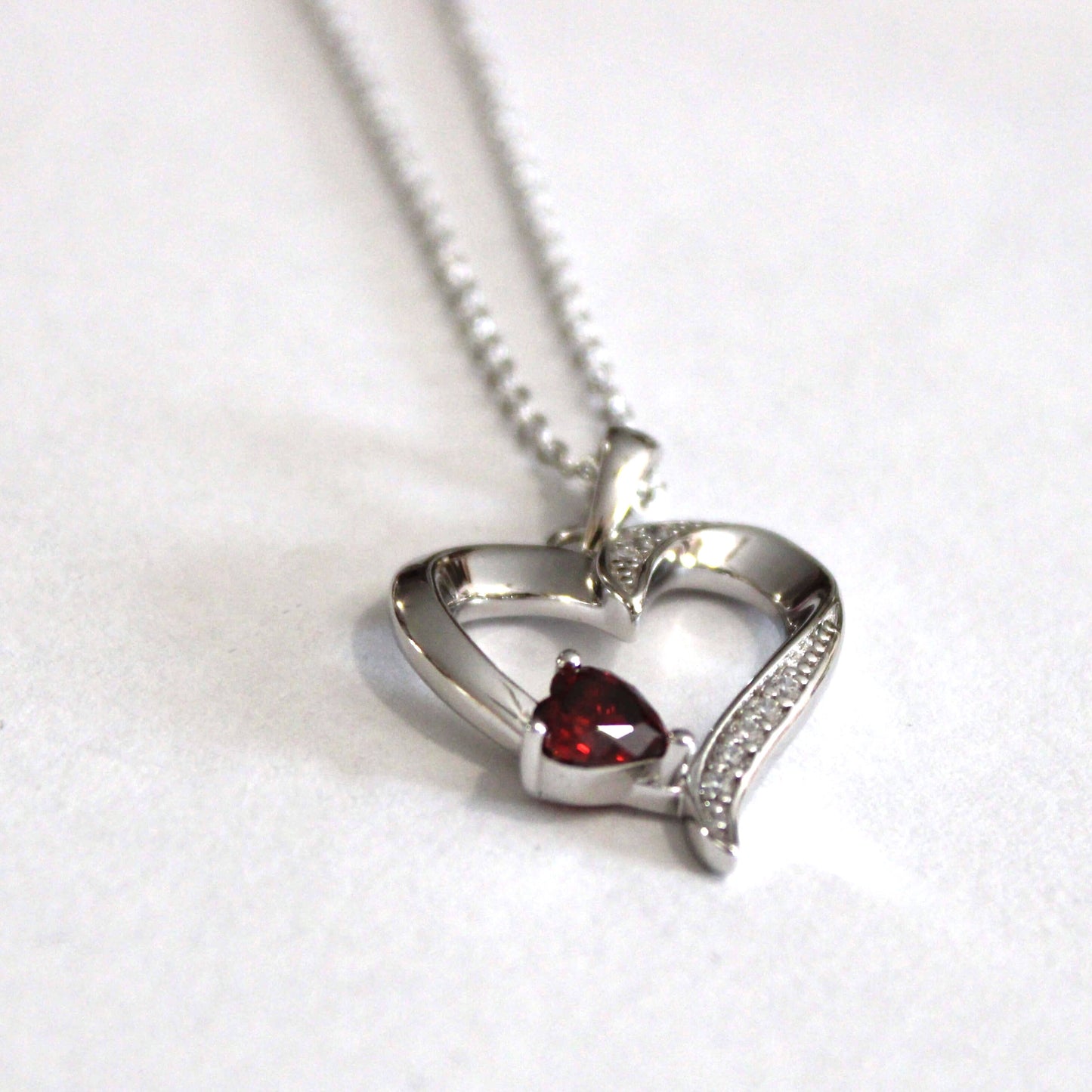 Sophia: Rhodium-plated .925 Sterling Silver Heart and lab-created Garnet Necklace