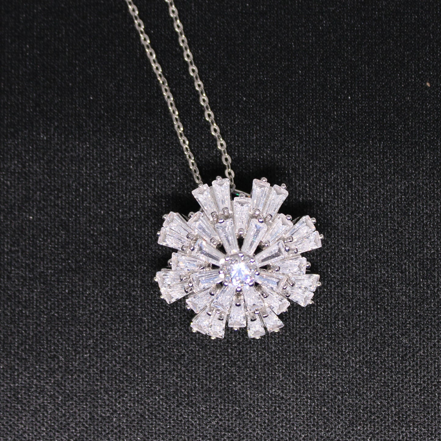 Stainless Steel lab-created Baguette Diamond Snowball Necklace and Earring Set