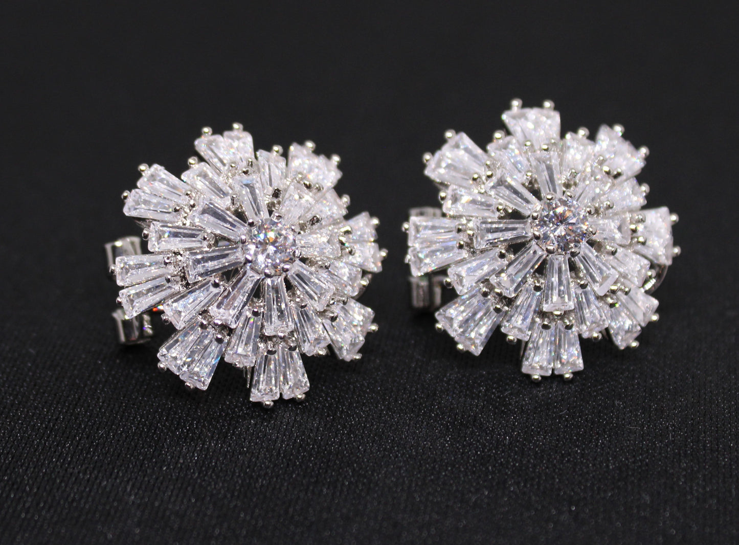 Stainless Steel lab-created Baguette Diamond Snowball Necklace and Earring Set
