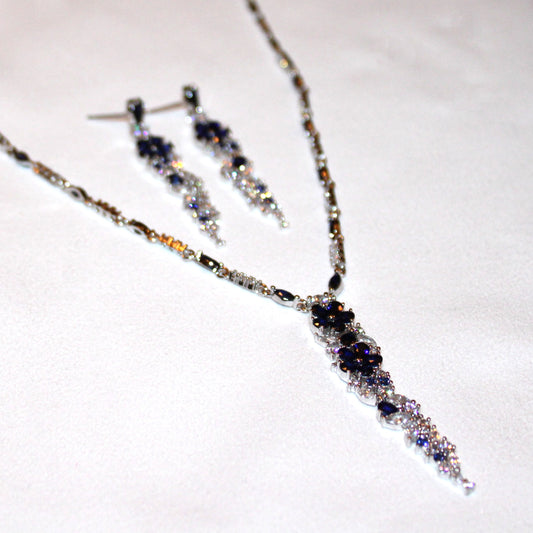 Kathryn: Rhodium-plated .925 Sterling lab-created Diamond and Sapphire Necklace and Earrings Set
