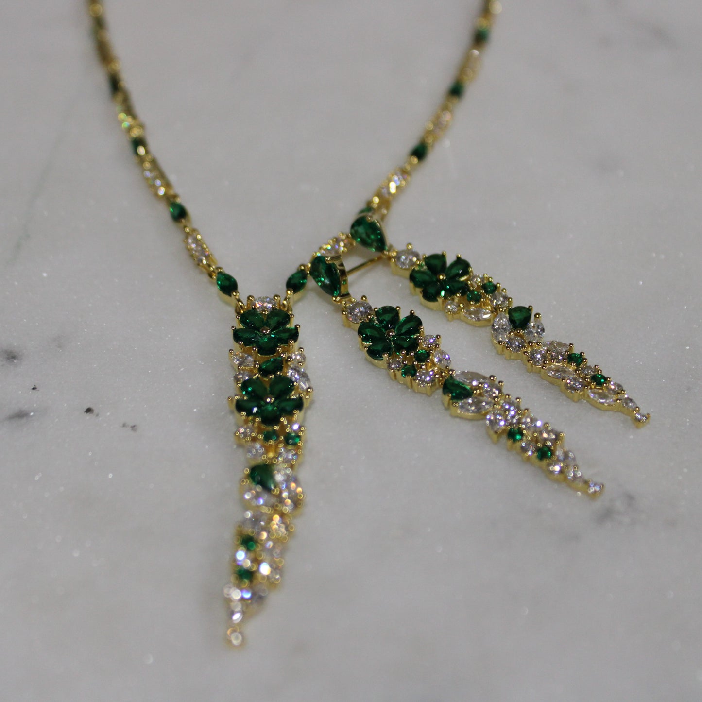 Josephine: 18k Gold-plated .925 Sterling Diamond and Emerald Necklace and Earrings Set