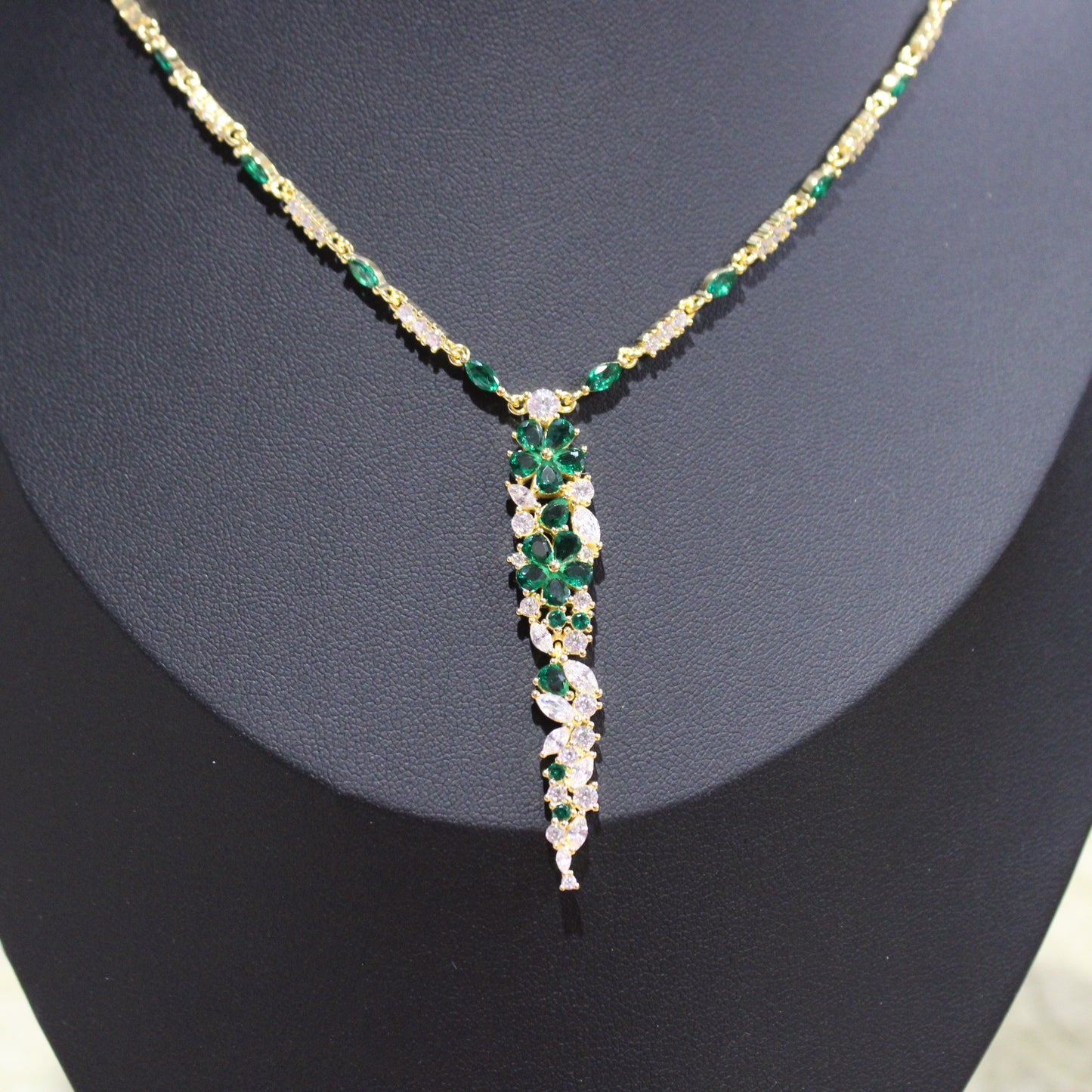Josephine: 18k Gold-plated .925 Sterling Diamond and Emerald Necklace and Earrings Set