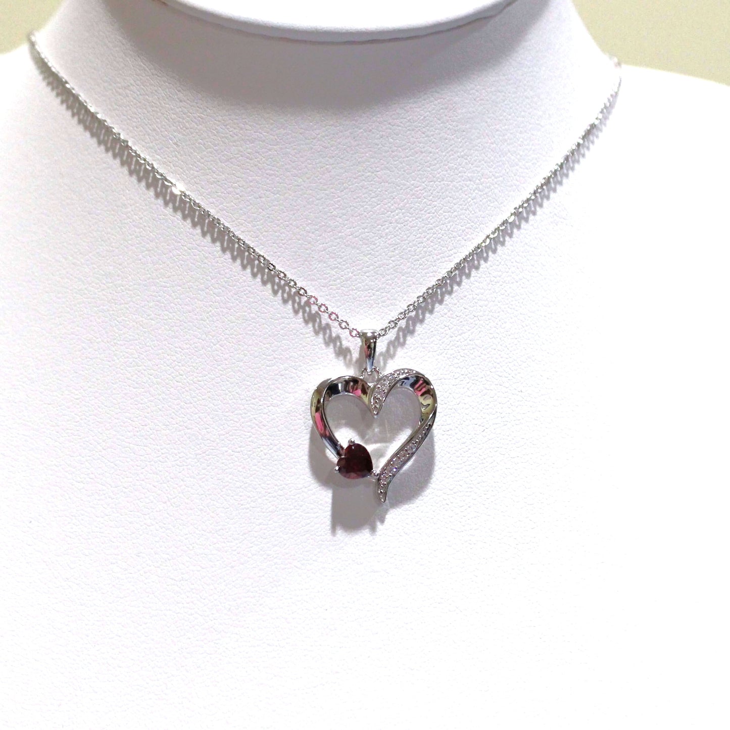 Sophia: Rhodium-plated .925 Sterling Silver Heart and lab-created Garnet Necklace