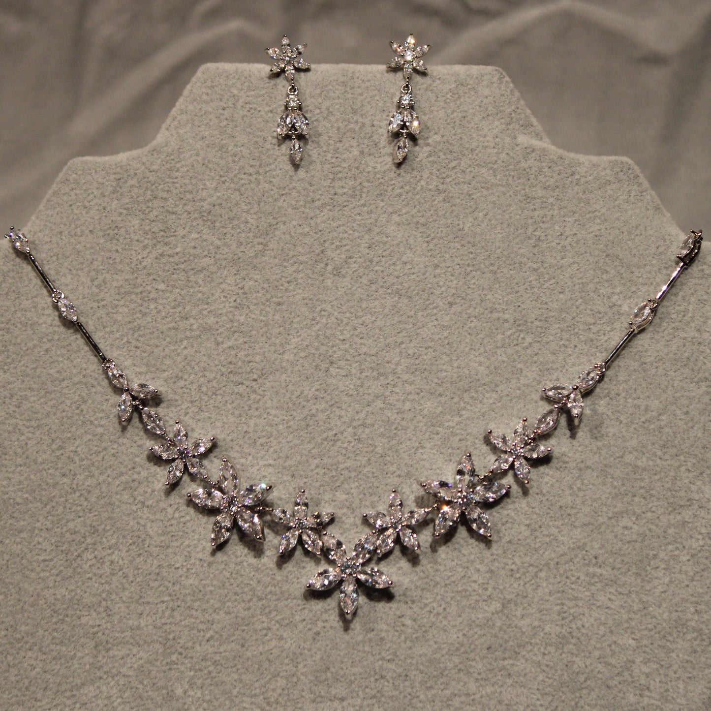 Amanda: Rhodium-plated .925 Sterling lab-created Marquise Diamond Necklace and Earrings Set