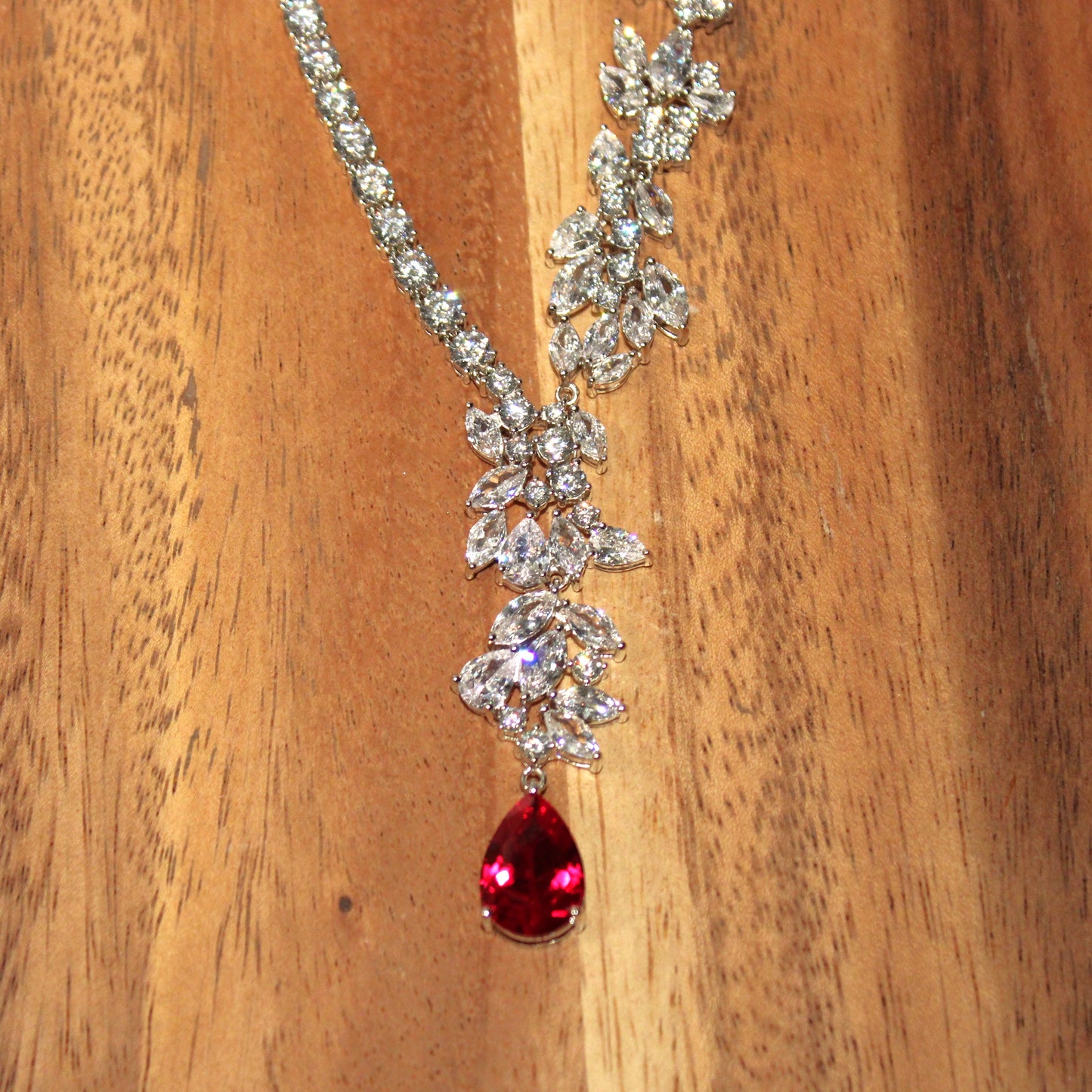 Theresa: Rhodium-plated .925 Sterling Marquise Diamond with teardrop Ruby Necklace