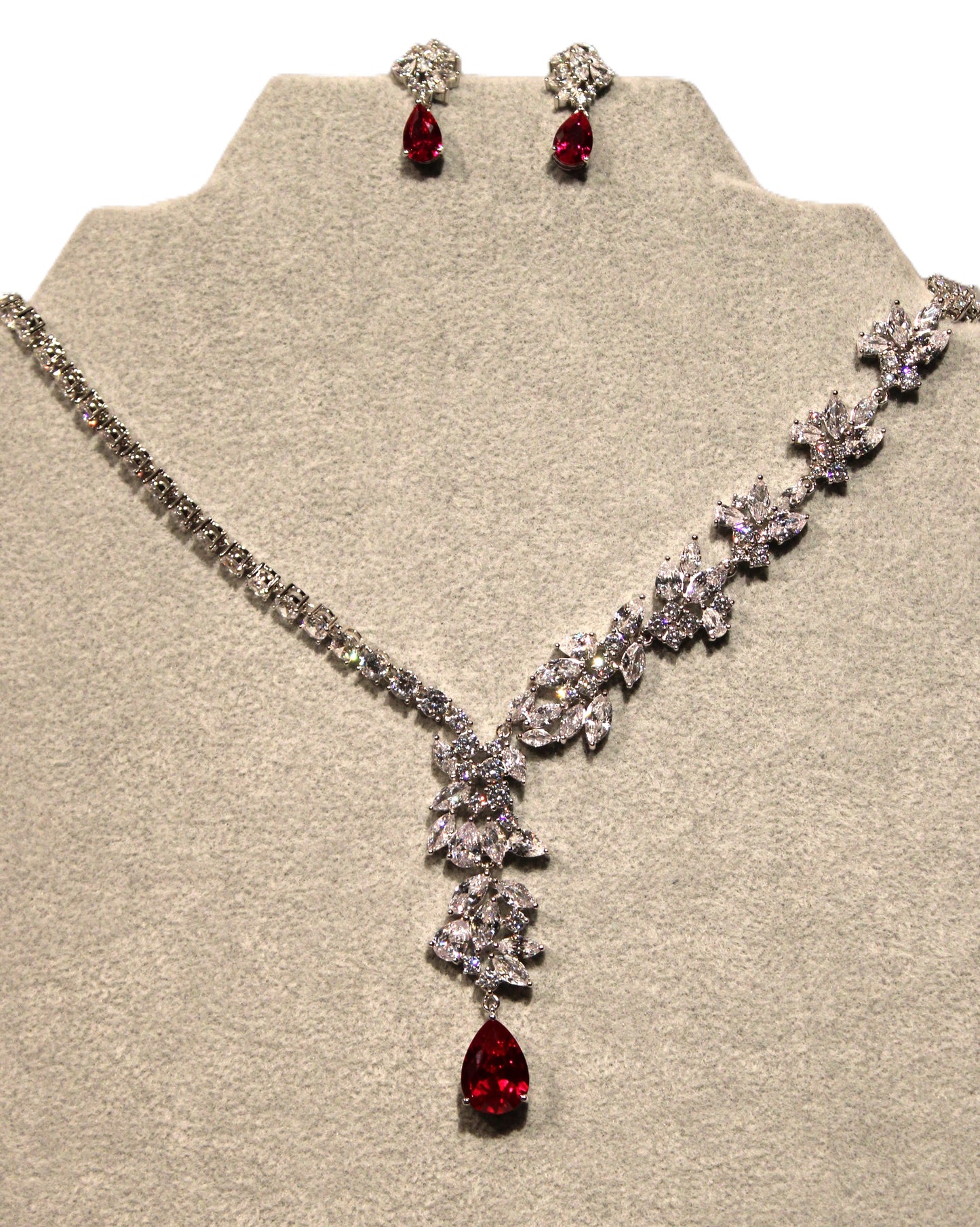 Theresa: Rhodium-plated .925 Sterling Marquise Diamond with teardrop Ruby Necklace