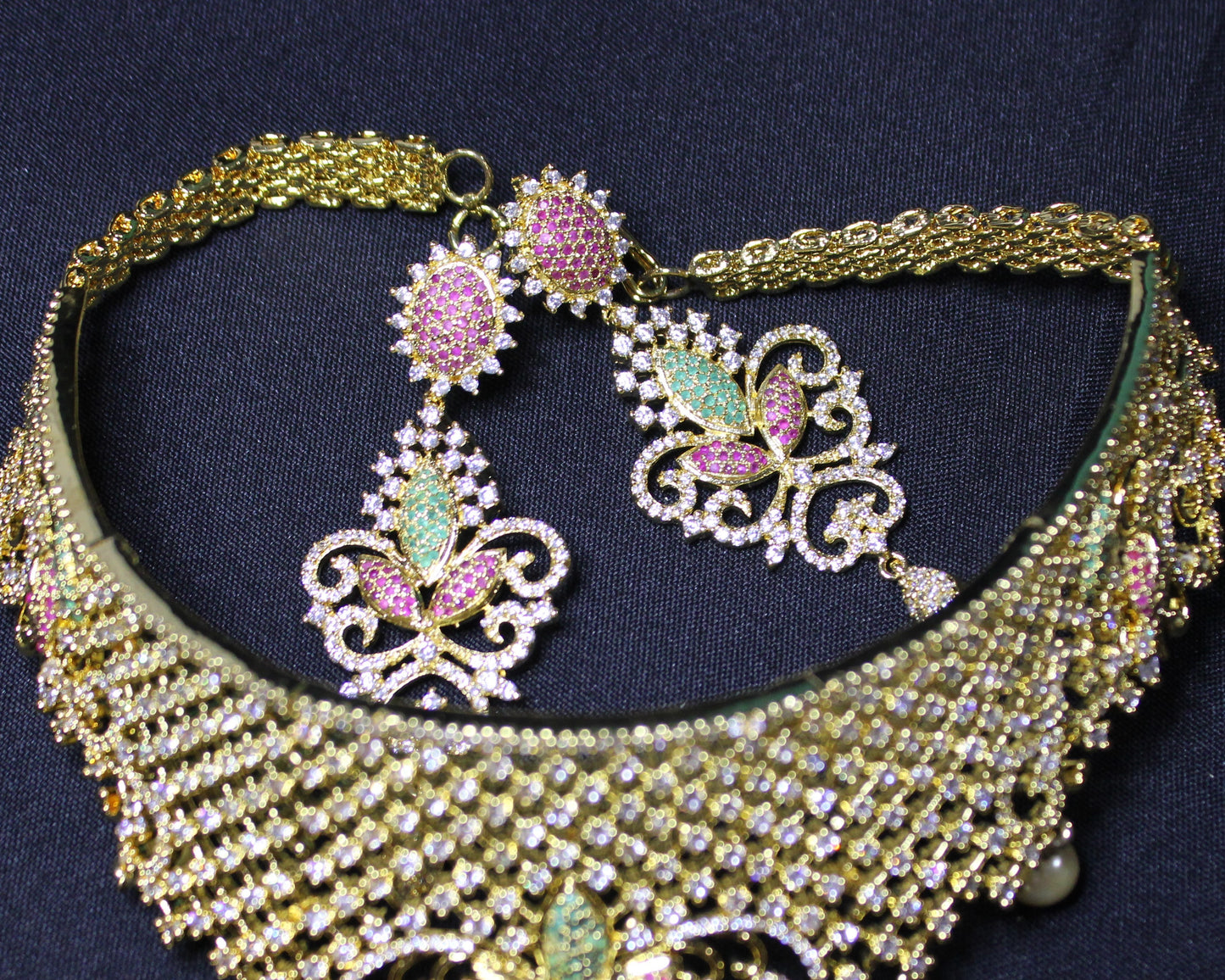Kali: Pave Ruby, Emerald and Diamond Choker with Cream Pearls Set