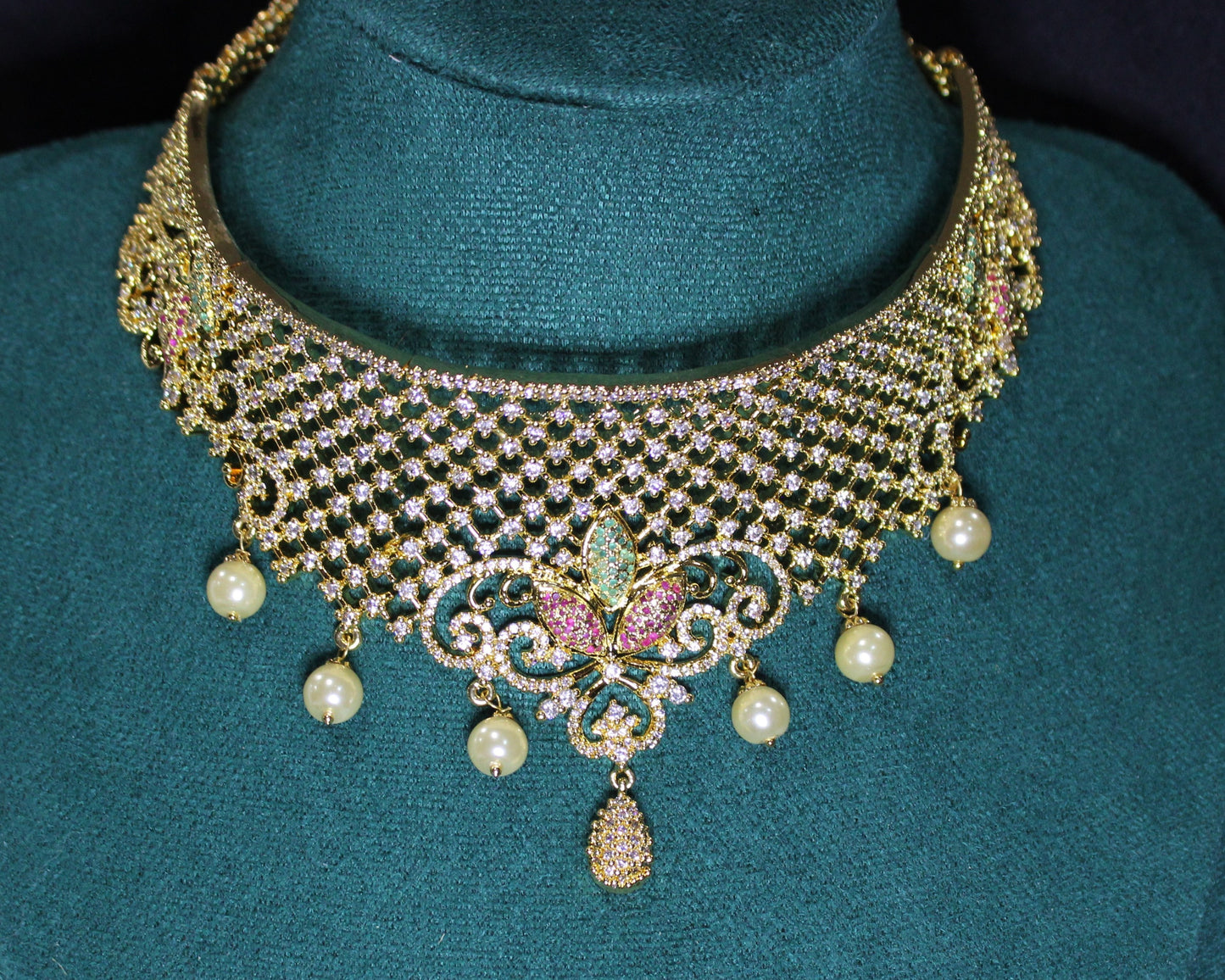 Kali: Pave Ruby, Emerald and Diamond Choker with Cream Pearls Set