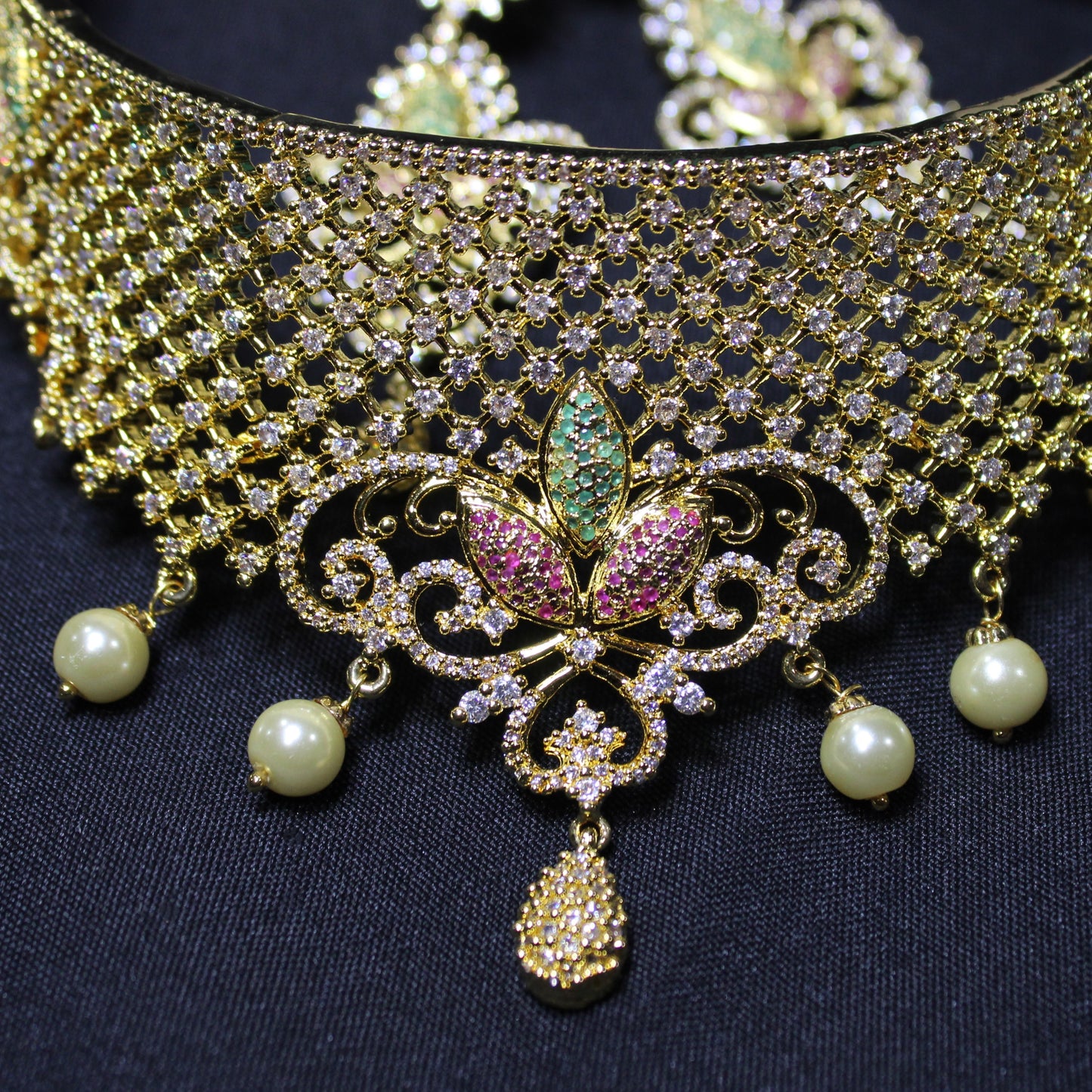 Kali: Pave Ruby, Emerald and Diamond Choker with Cream Pearls Set