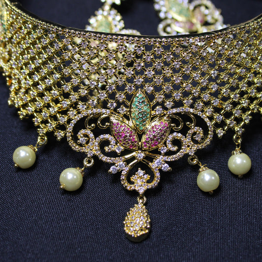 Kali:  Pave Ruby, Emerald and Diamond Choker with Cream Pearls Set