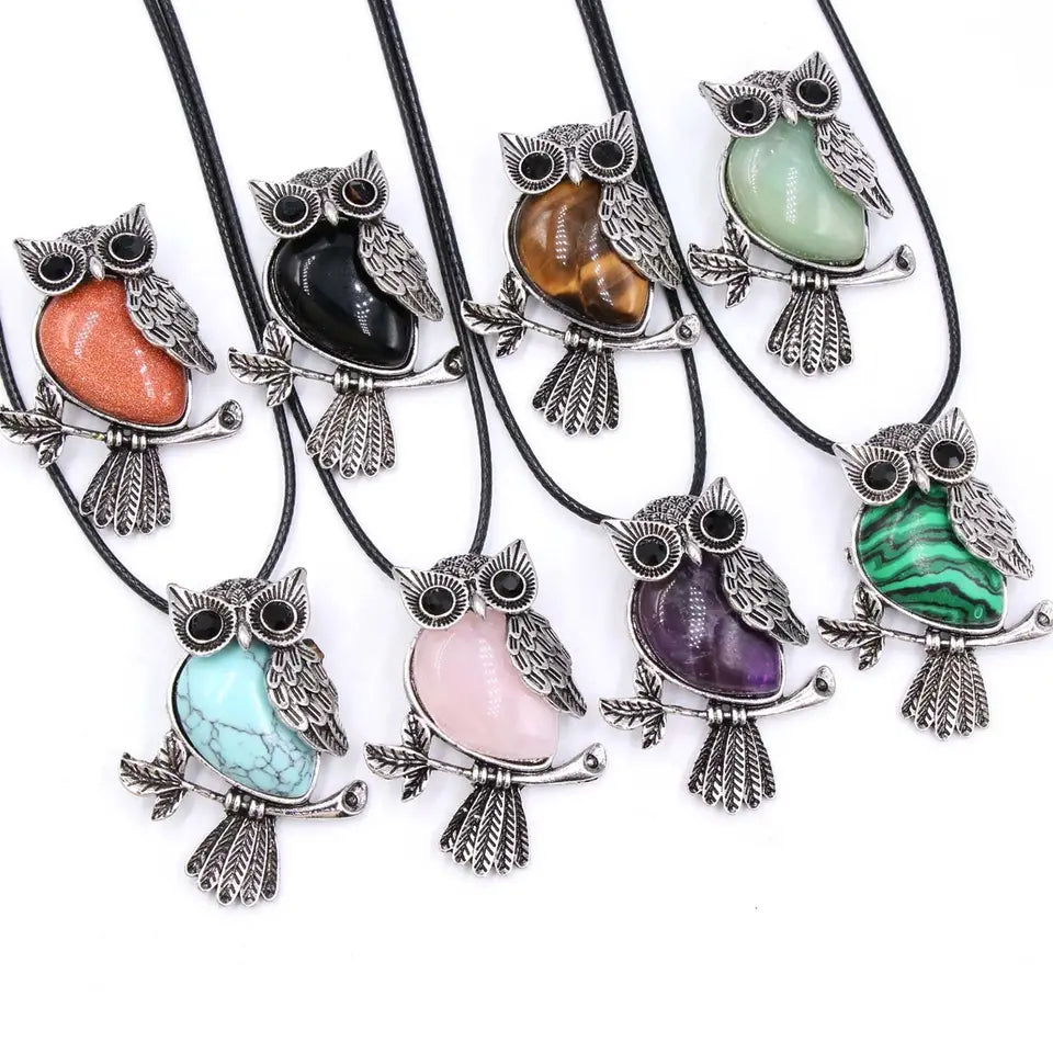 Large Owl Real Stone Charm Necklace