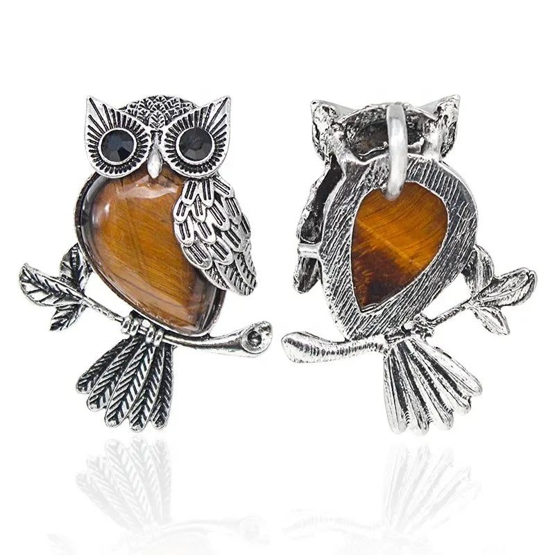 Large Owl Real Stone Charm Necklace