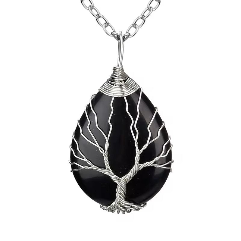 Tree of Life Silver Wire Wrapped Stone Charm Necklace