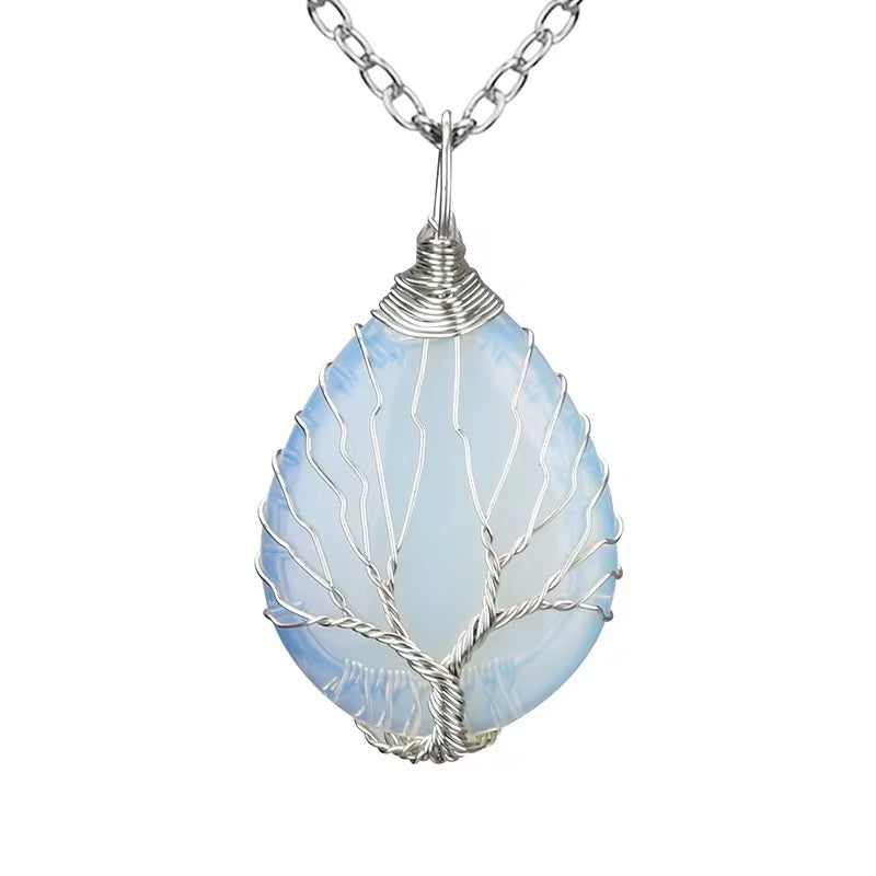 Tree of Life Silver Wire Wrapped Stone Charm Necklace