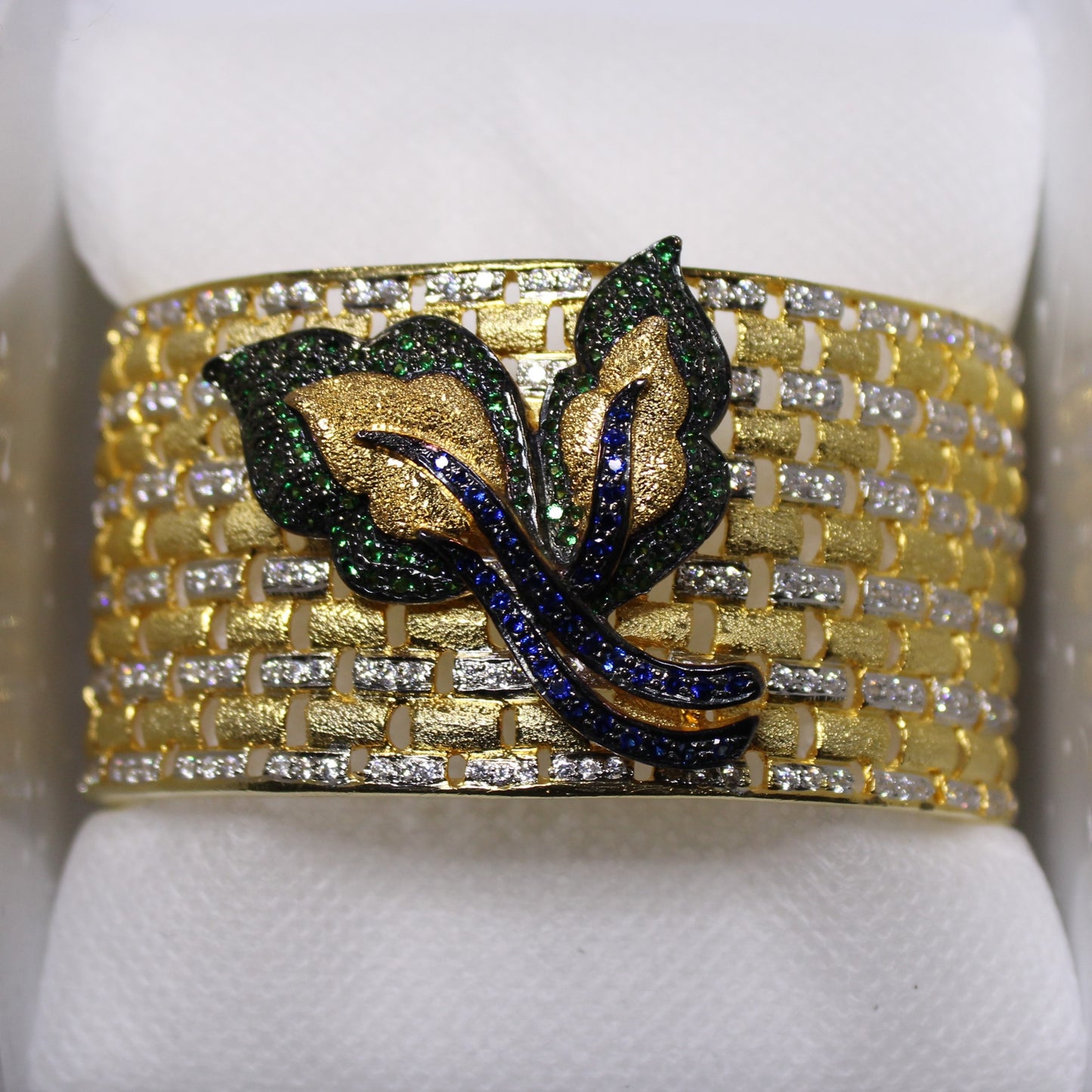 Opal: Diamond Cuff Bracelet with Sapphire and Emerald Accents