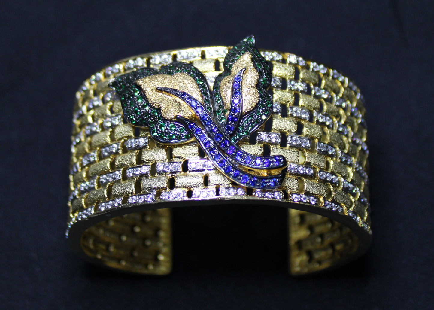 Opal: Diamond Cuff Bracelet with Sapphire and Emerald Accents