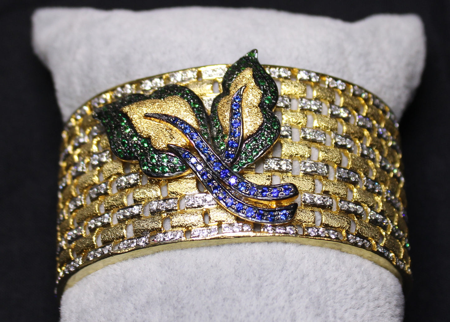 Opal: Diamond Cuff Bracelet with Sapphire and Emerald Accents