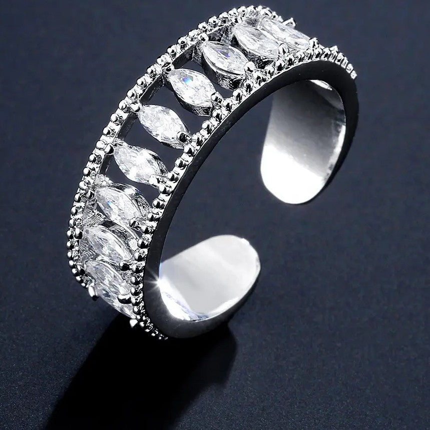 Adjustable Band Ring with lab-created Marquise Diamonds in Silver Plating
