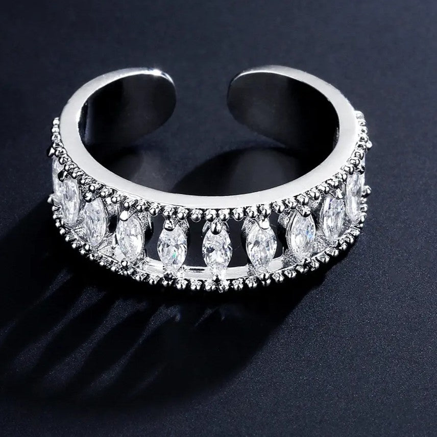 Adjustable Band Ring with lab-created Marquise Diamonds in Silver Plating