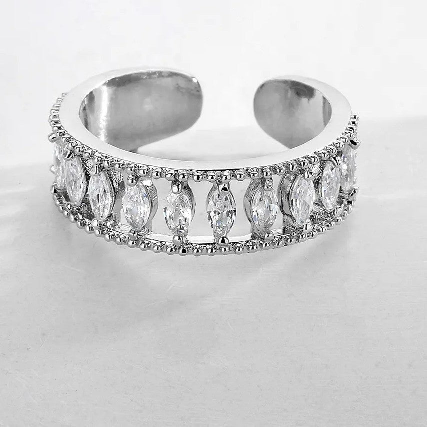 Adjustable Band Ring with lab-created Marquise Diamonds in Silver Plating