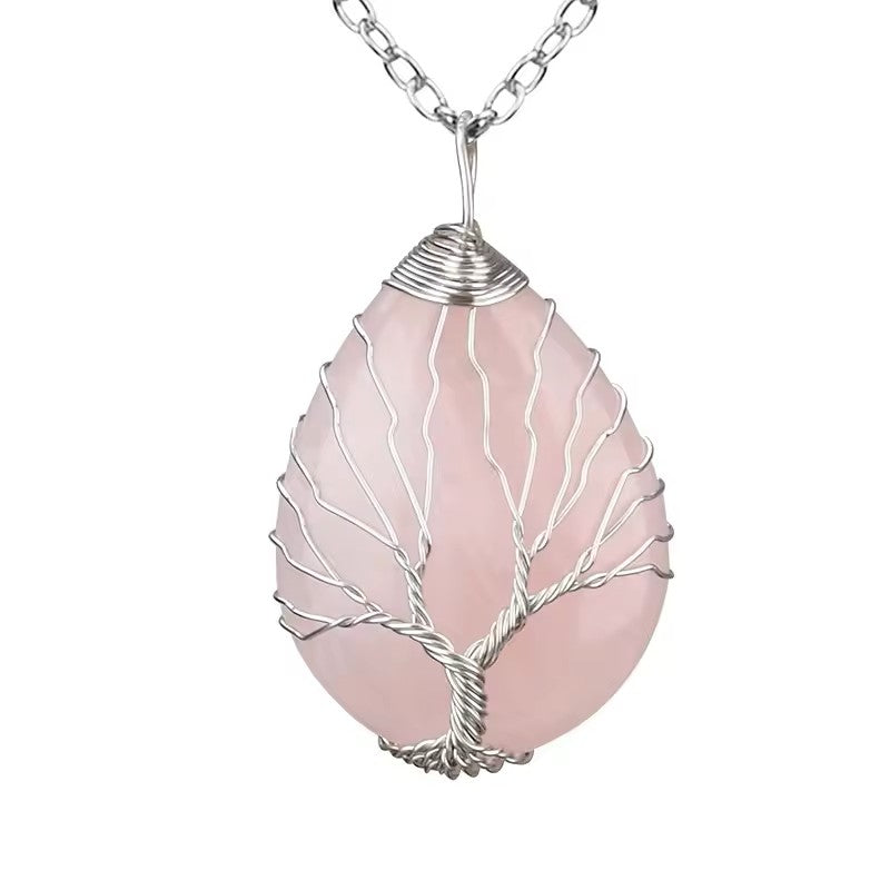 Tree of Life Silver Wire Wrapped Stone Charm Necklace