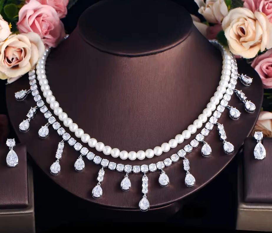 Reagan: Double Strand lab-created Pearl and Diamond Choker Necklace and Earrings Set