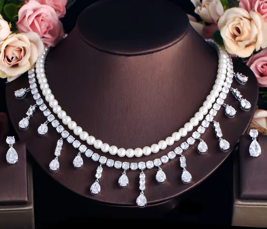 Reagan: Double Strand lab-created Pearl and Diamond Choker Necklace and Earrings Set