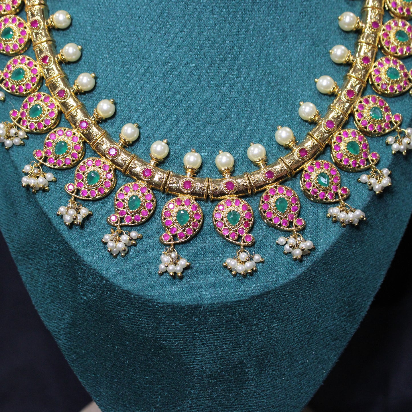 Serenity: Emerald, Ruby and Pearl Necklace and Earring Set
