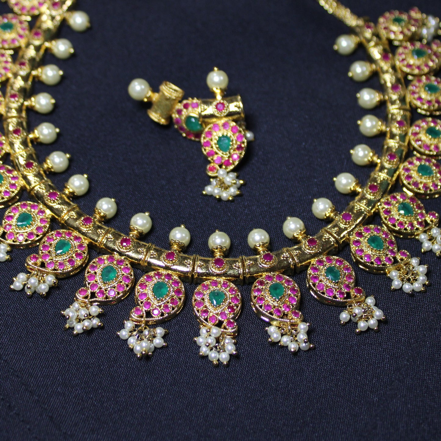 Serenity: Emerald, Ruby and Pearl Necklace and Earring Set
