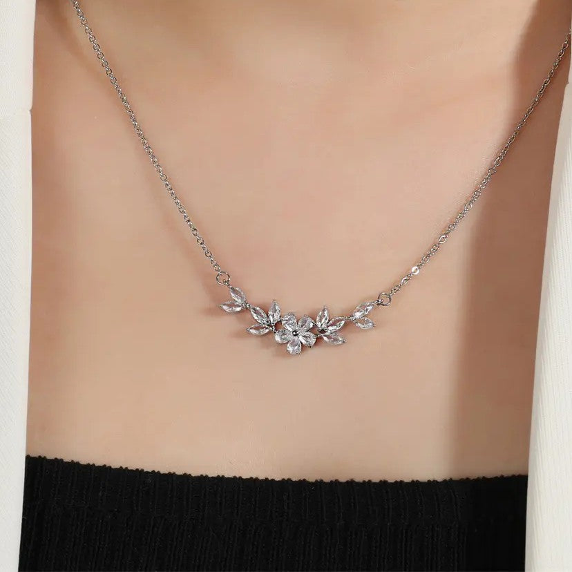 Flower Design Cubic Zirconia Gold Plated Necklace