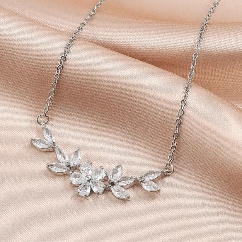 Flower Design Cubic Zirconia Gold Plated Necklace