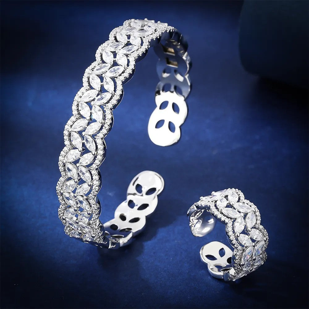Rhodium or Gold-plated lab-created Marquise Diamond Cuff Bracelet and Band Ring **Choice**