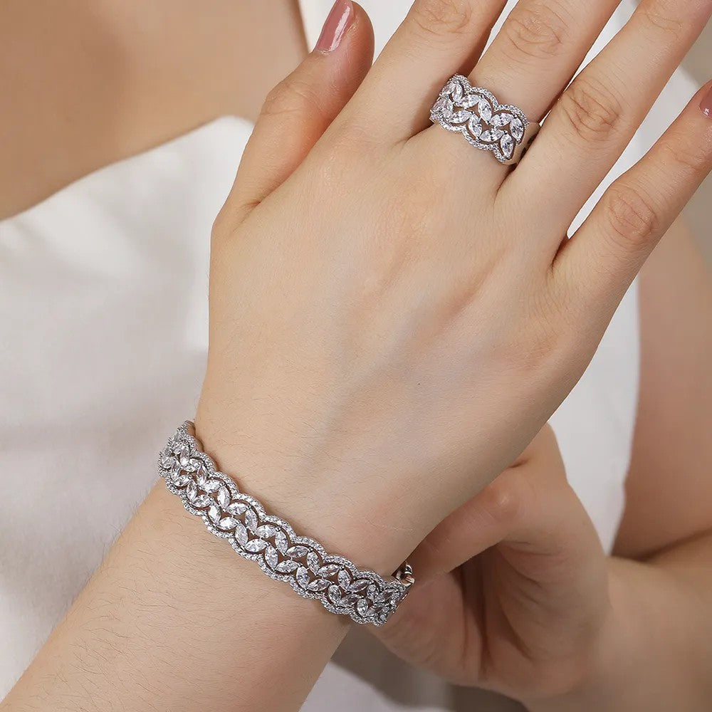 Rhodium or Gold-plated lab-created Marquise Diamond Cuff Bracelet and Band Ring **Choice**