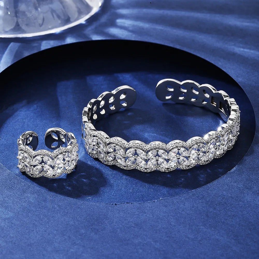 Rhodium or Gold-plated lab-created Marquise Diamond Cuff Bracelet and Band Ring **Choice**