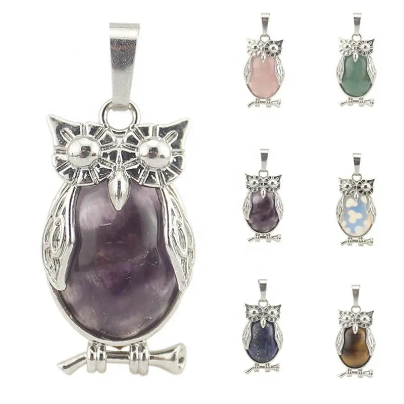 Small Owl Real Stone Charm Necklace