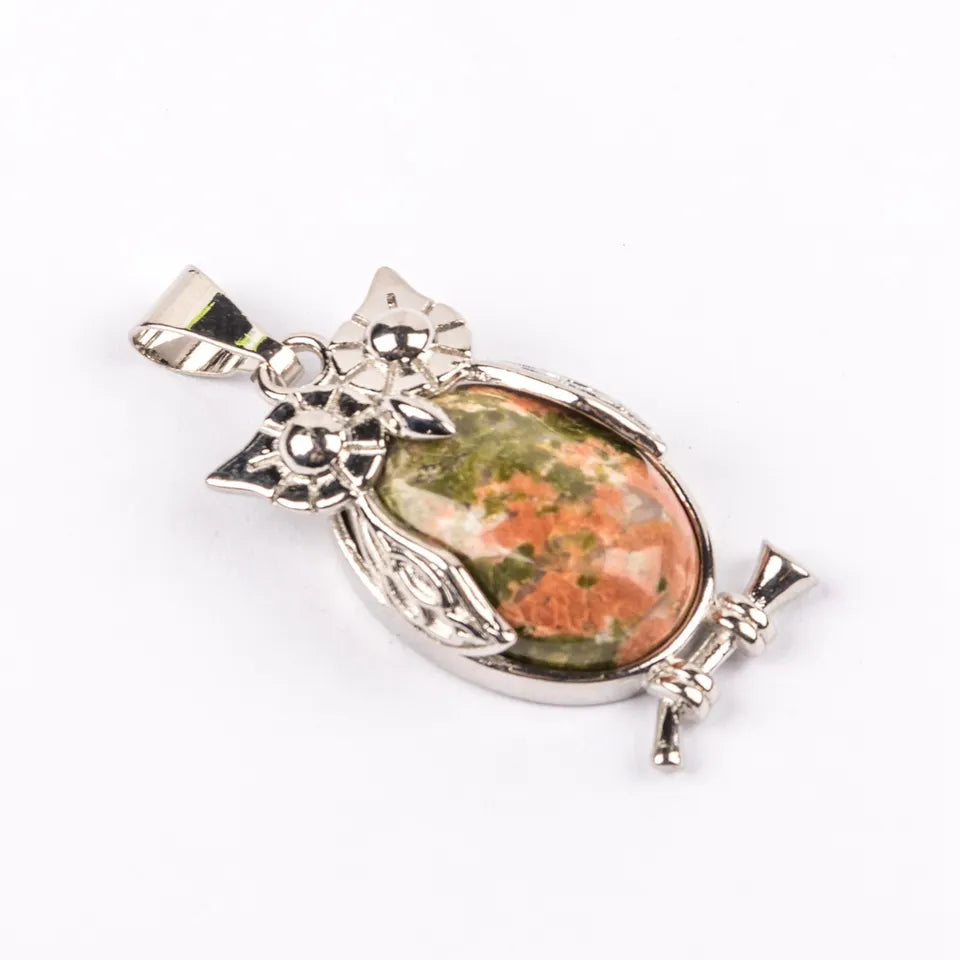 Small Owl Real Stone Charm Necklace