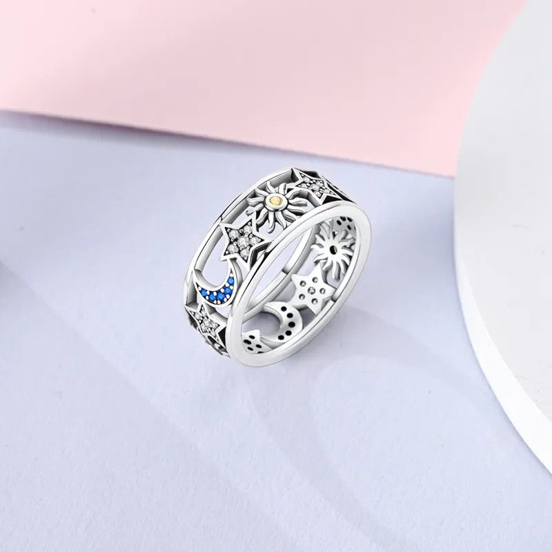 Silver-plated Sun, Moon and Star with Yellow, White and Blue Crystals Band Ring