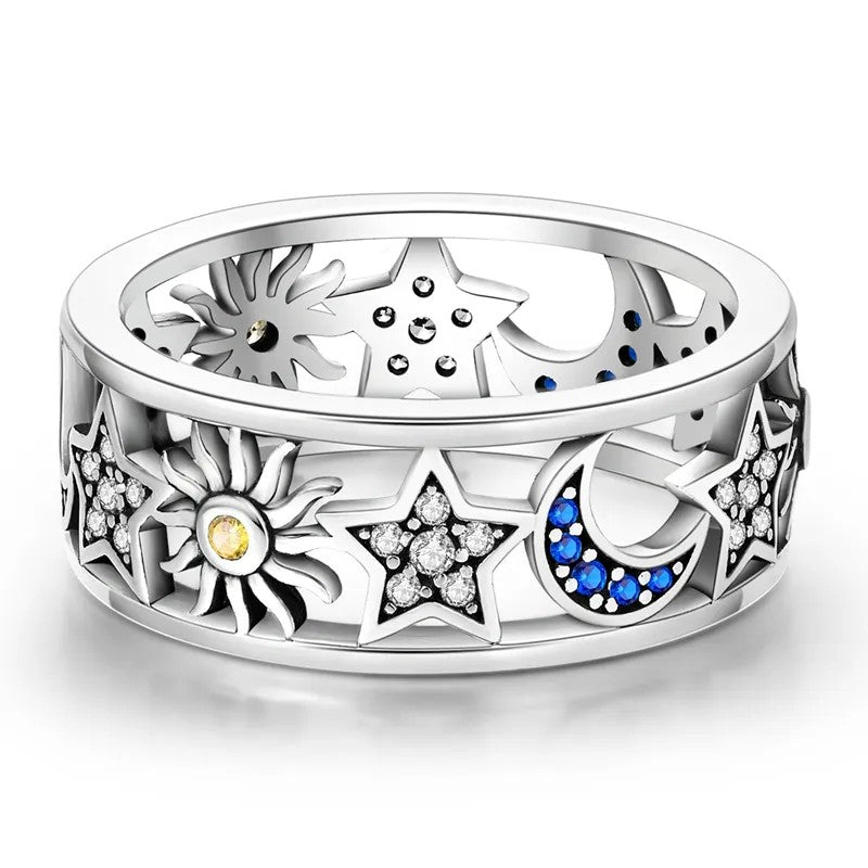 Silver-plated Sun, Moon and Star with Yellow, White and Blue Crystals Band Ring