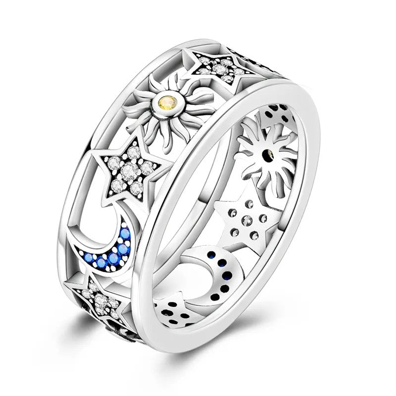Silver-plated Sun, Moon and Star with Yellow, White and Blue Crystals Band Ring