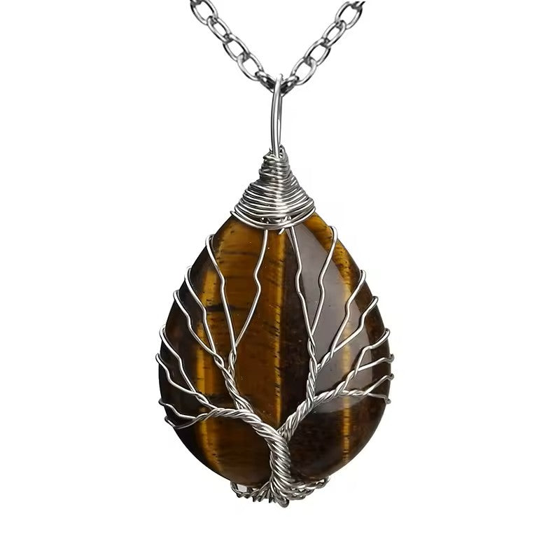 Tree of Life Silver Wire Wrapped Stone Charm Necklace