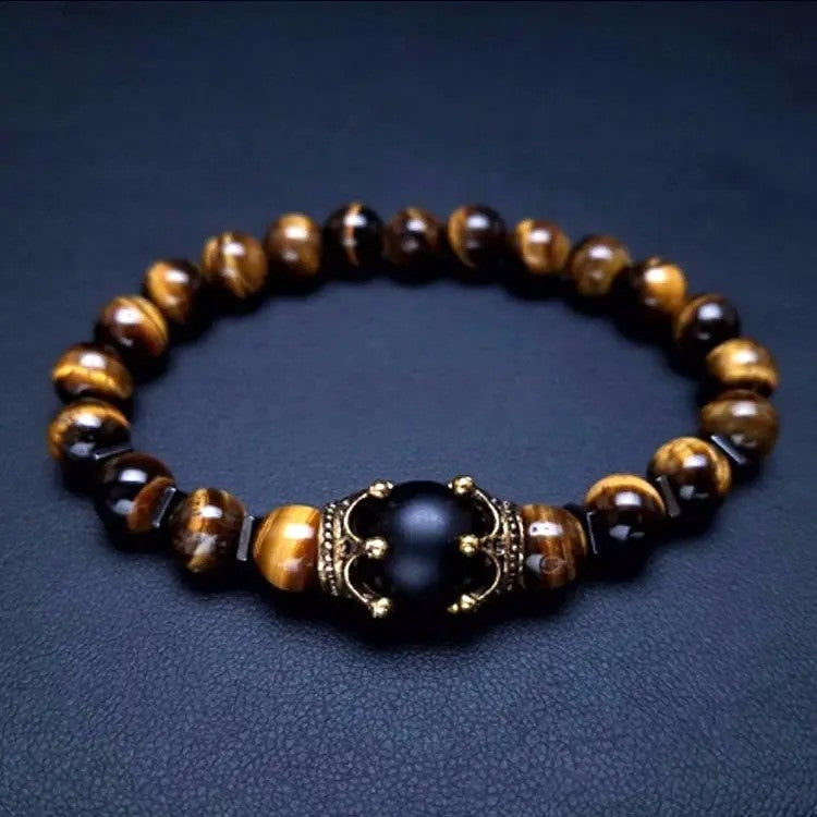 Natural Round Bead Bracelet with Crown Accent